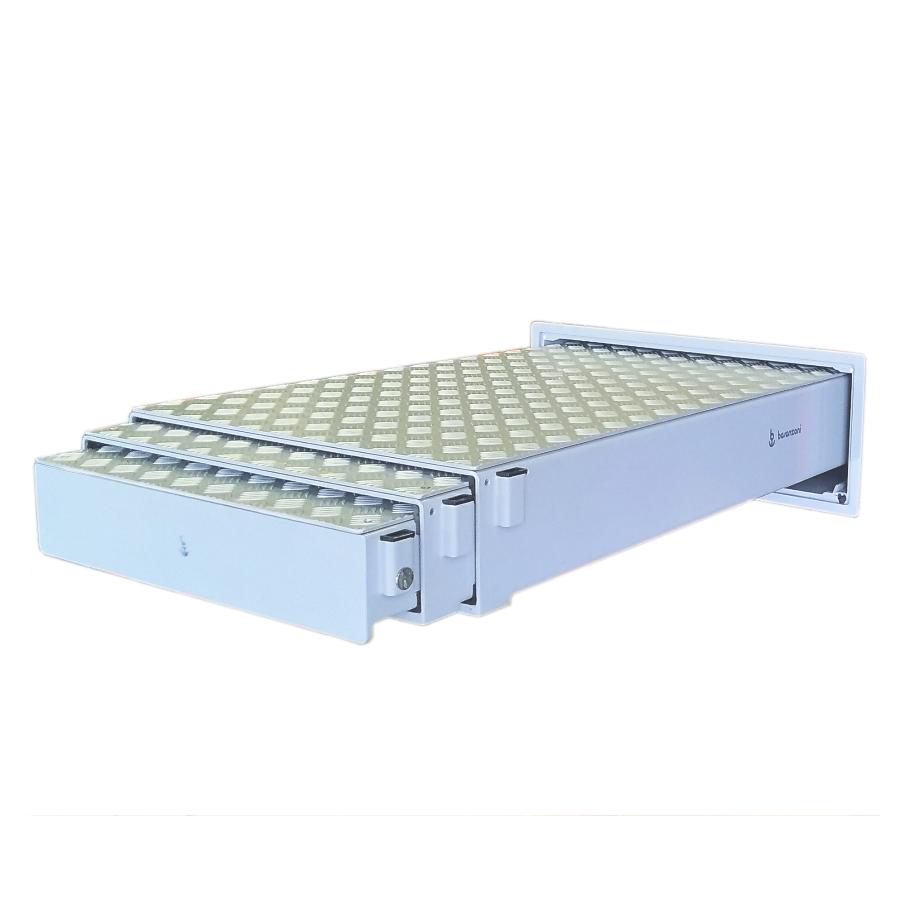 passerella idraulica rientrante telescopica a tre stadi acciaio verniciato pedana alluminio dettaglio